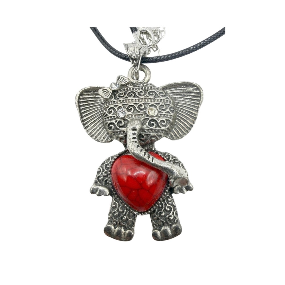 Silver Tone Elephant Pendant Necklace Red Heart Belly Rhinestone Accents Cute